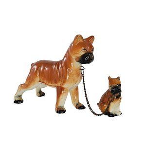 Vintage Enesco Imports Japan Boxer Dog Mom Puppy On Chain Figurine *Repaired*